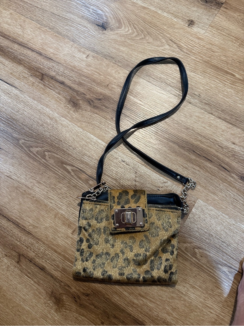 Leopard Print Crossbody Bag with Black Strap